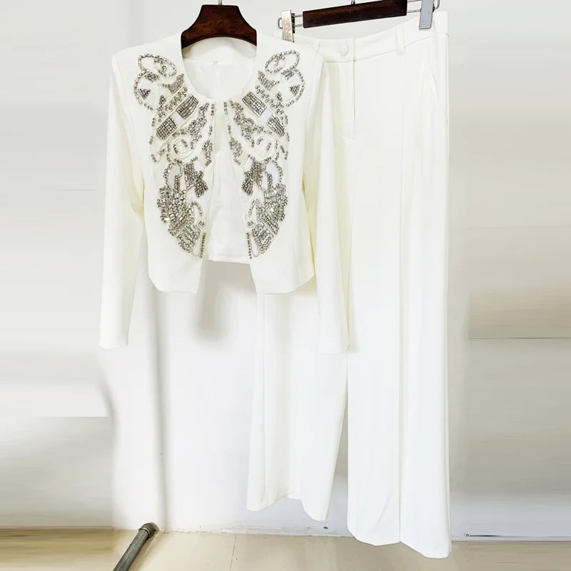 Nigikala Nigikala New Fashion Round Neck Heavy Industry Nail Beads Short Jacket Broad Leg Trousers Set Two Sets