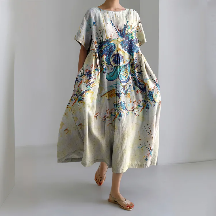 Retro Casual Crazy Milo Blue Dog Lover Watercolor Graphic Short Sleeve Linen Blend Maxi Dress