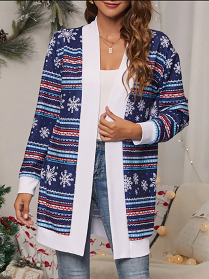 Ladies Christmas Fashion Women V-Neck Snowflakes Printed Cardigan