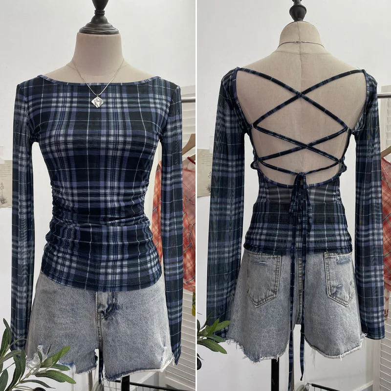 Uveng Vintage Print Repair Body Clothes Bump Color Mesh Strapd To The Big Bare Back Long-Sleeved Bottom Shirt T-Shirt 9939