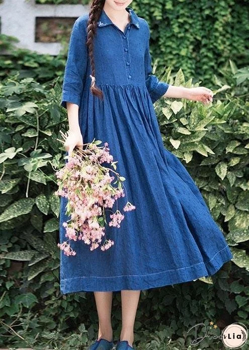 Handmade Lapel Half Sleeve Spring Tunics Shirts Blue Dress