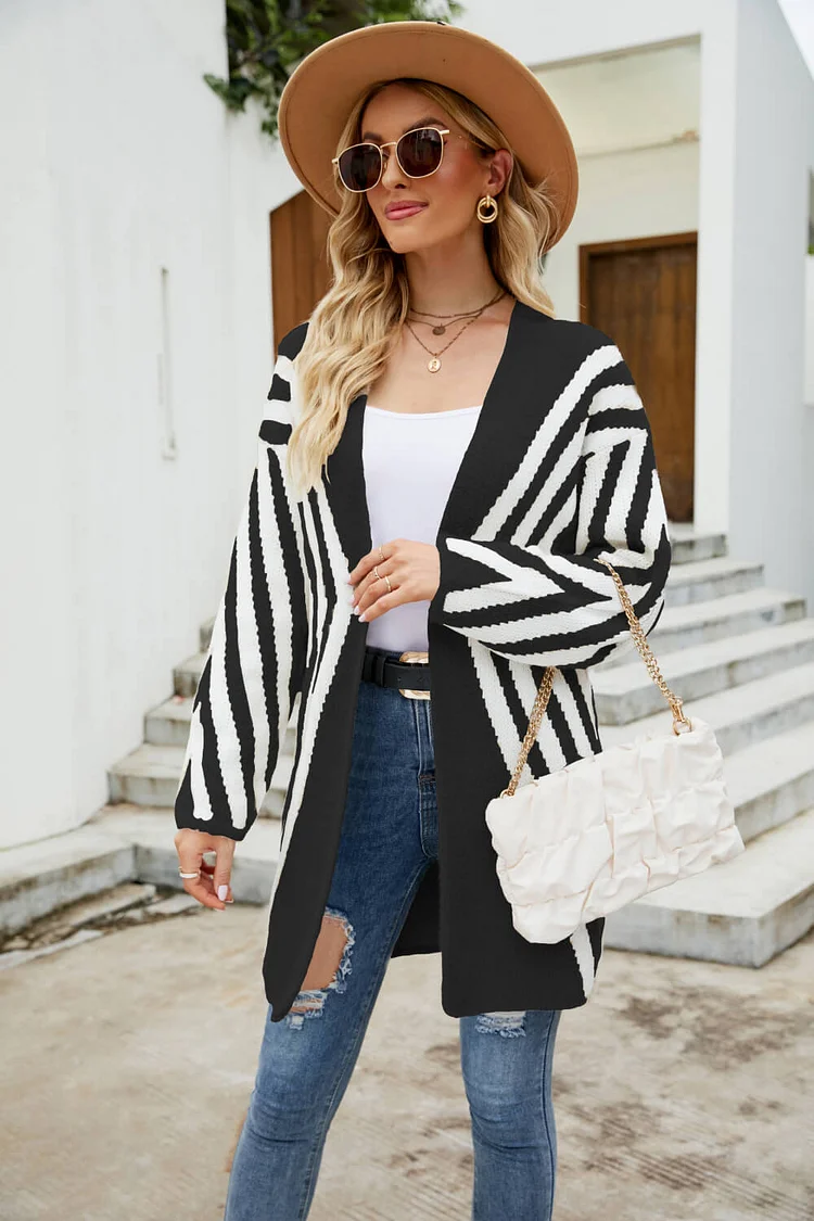 Women's Sweater Cardigan Two-Tone Open Front Fuzzy Longline Cardigan