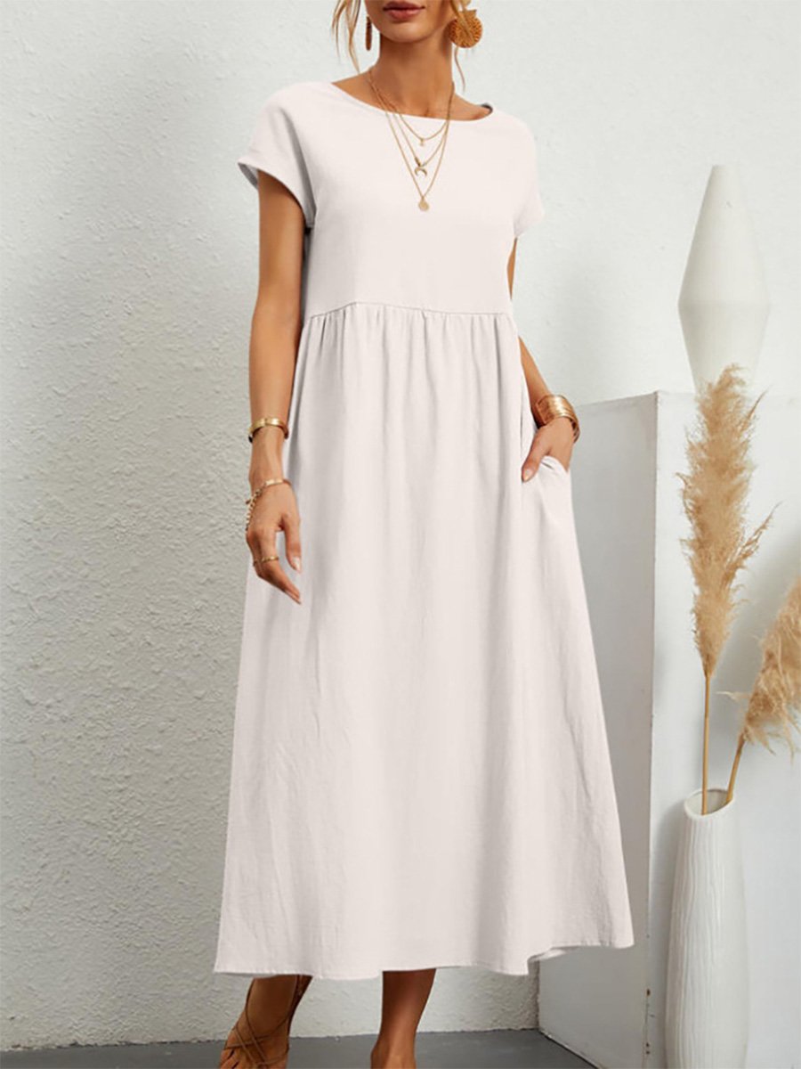 European and American Solid Color Sleeveless Loose Cotton and Linen Pocket Dress