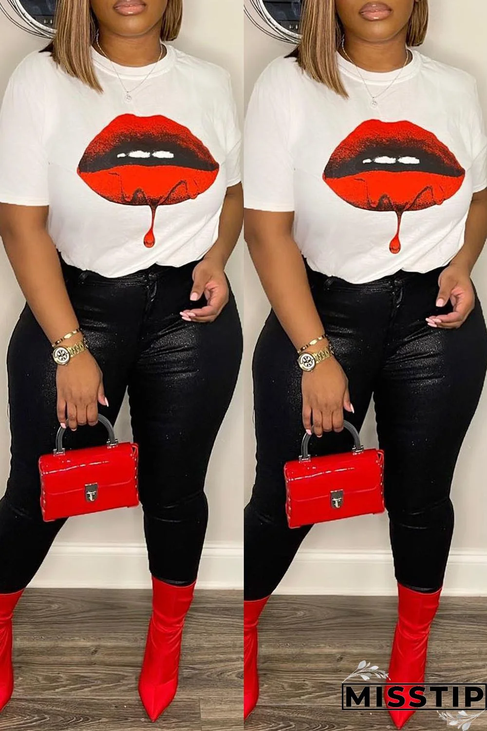 Black Casual Lips Printed Basic O Neck T-Shirts