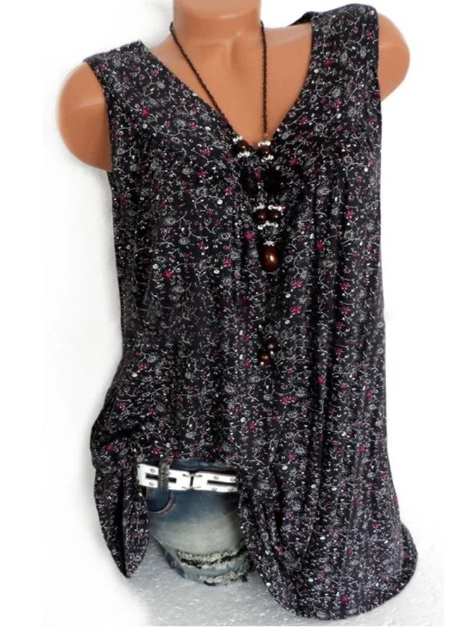 Summer Women Floral V Neck Sleeveless Blouses