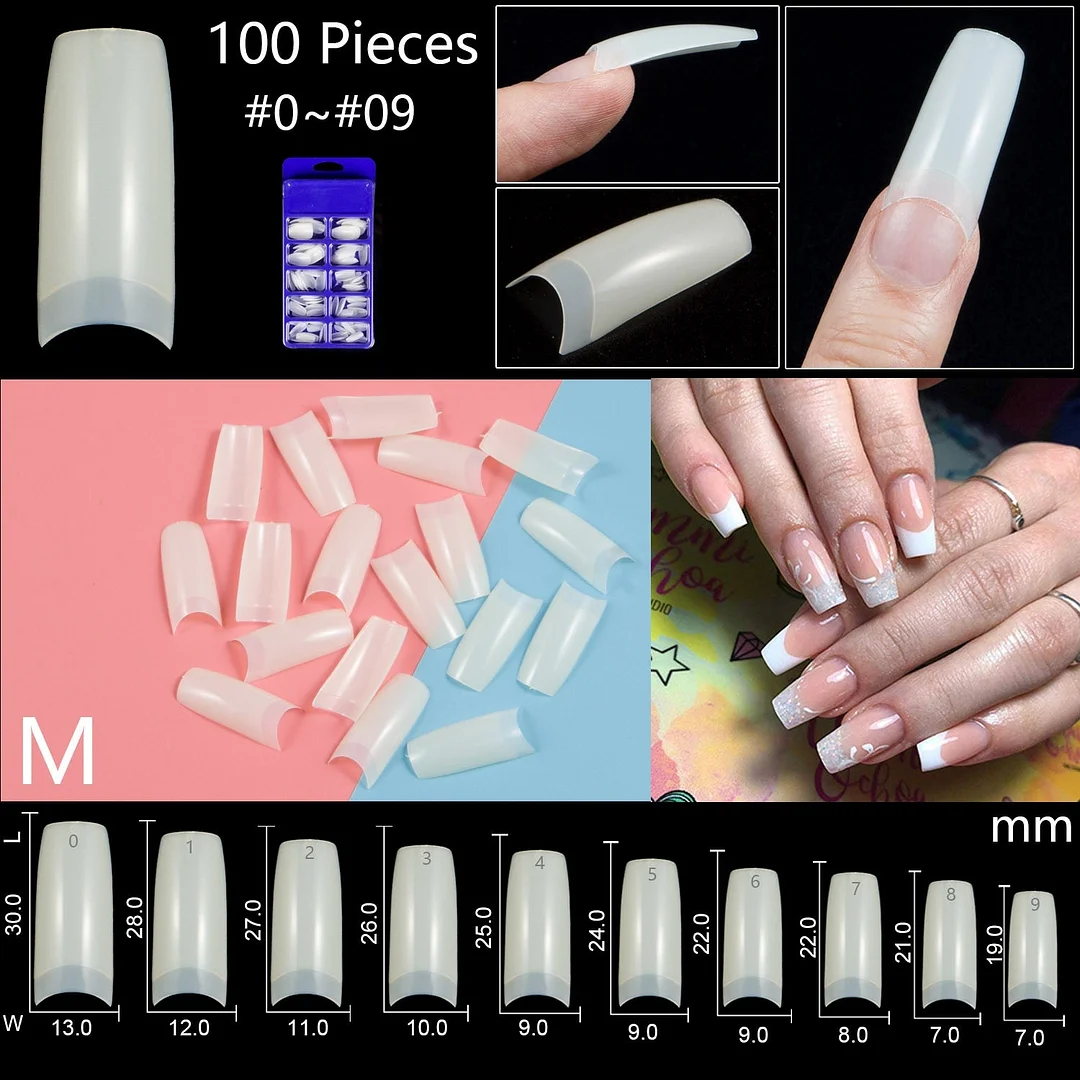 100pcs/set 10 Sizes Full Cover False Nail Tips Ballerina Coffin Fake Nails Square Stiletto French Acrylic Press On Nails-Nail Inspo