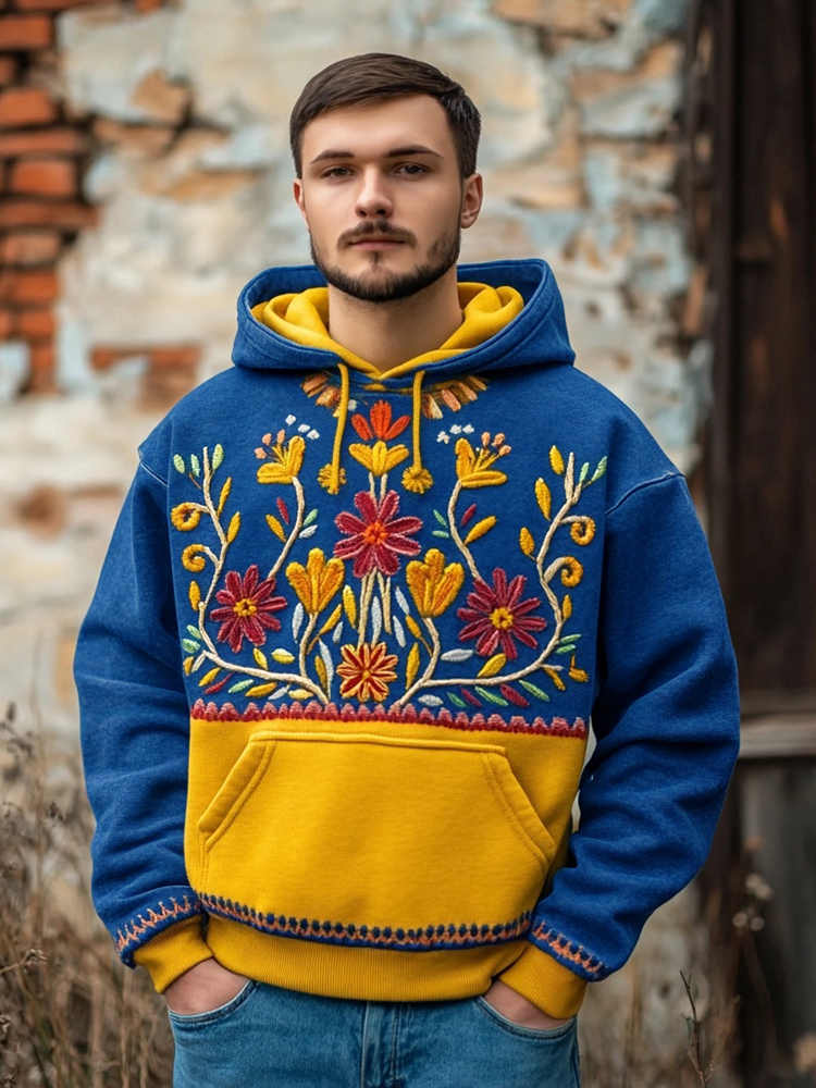 Comstylish Men's Ukrainian Folk Floral Embroidered Contrast Color Comfy Hoodie