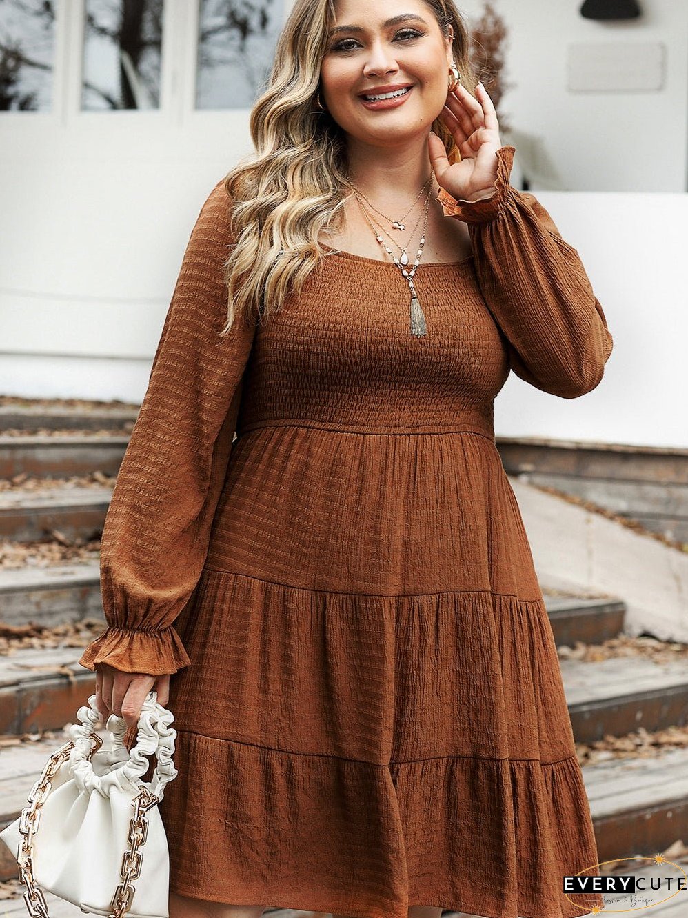 Chestnut Smocked Ruffle Sleeve Plus Size Tiered Mini Dress