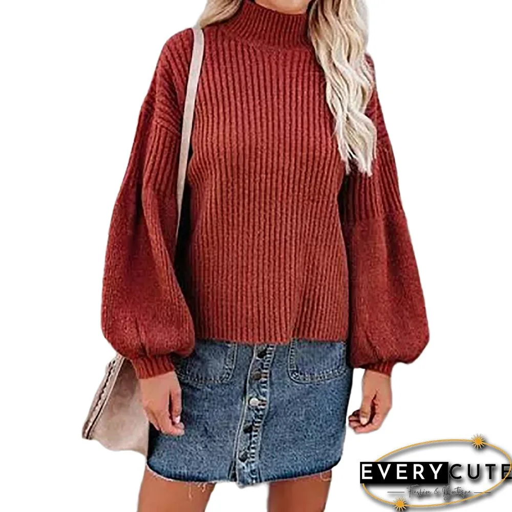 Rust Red Solid Turtleneck Lantern Sleeve Pullover Sweater