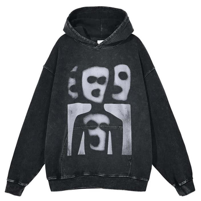 Washed Black Hoodie Sweatshirt Hip Hop Streetwear Abstract Pattern Hooded Pullover at Hiphopee