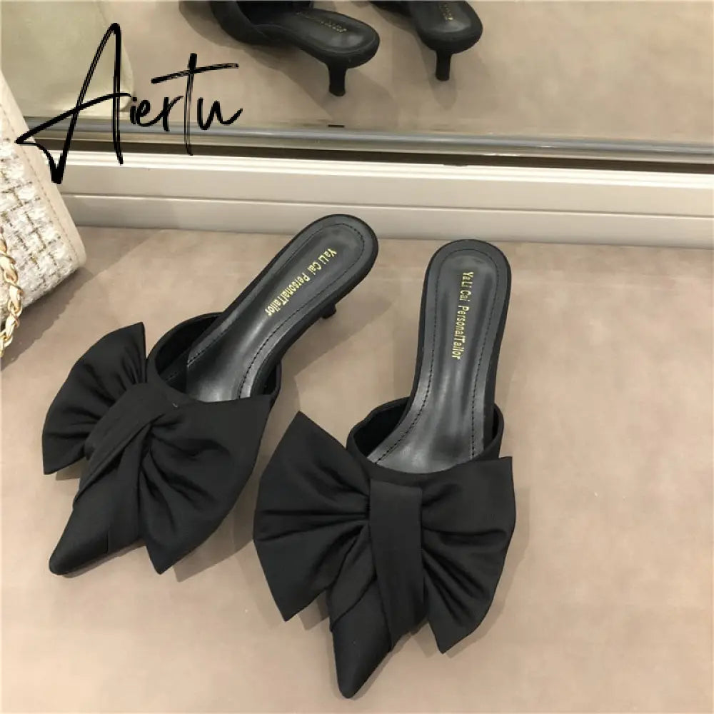 Aiertu Spring Pointed Toe Stiletto Heel Kitten Heels Bow Heel-Free Slippers for Women Aiertu