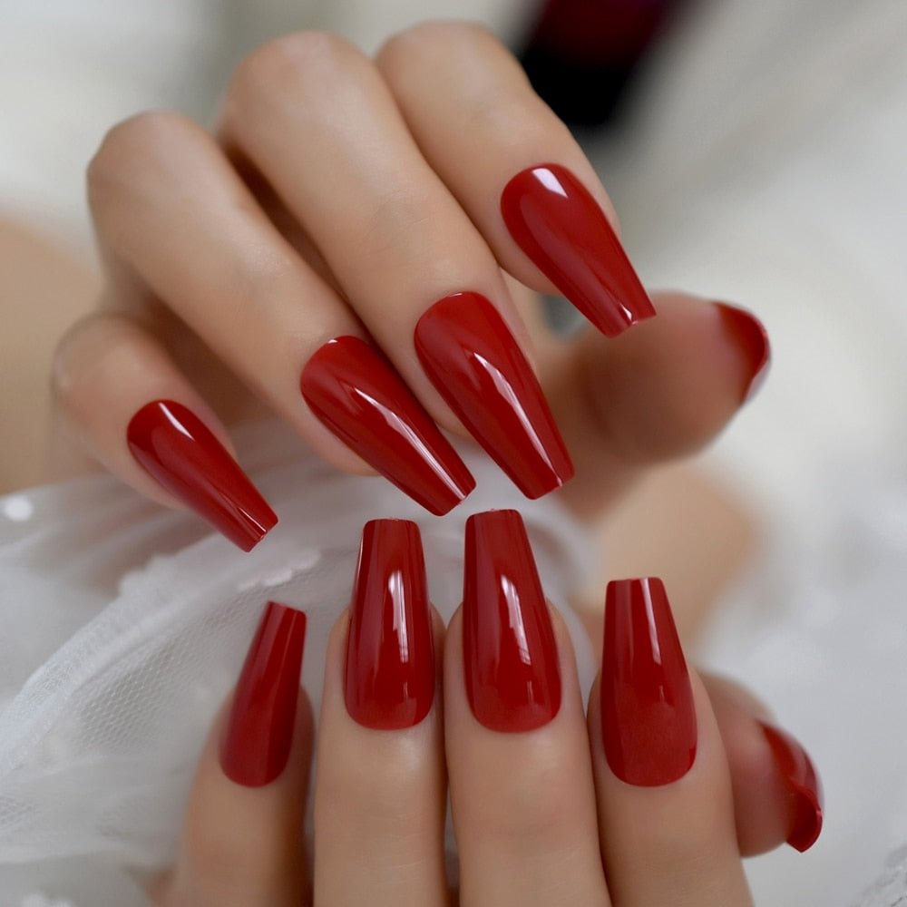Classical China Red Ballerina Press On Nails Slim Tapered Shape Shiny Glossy Fingernails 24