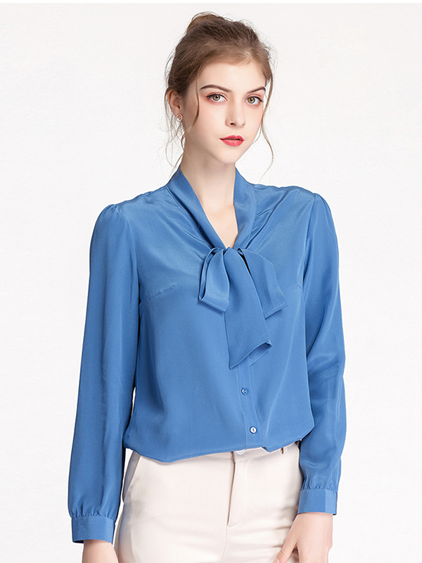 Sky Blue Silk Blouse Bow And Ribbon Blouse