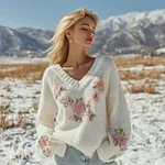Bohemian Style Floral Embroidery Women's V-neck Knitted Sweater - Image 2