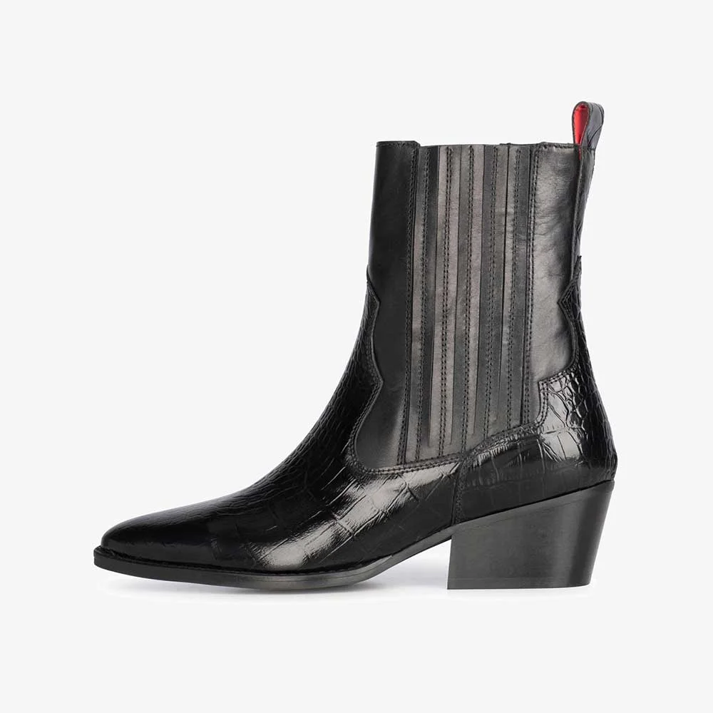 Black Croc Embossed Pointed Toe Chelsea Ankle Boots with Zipper