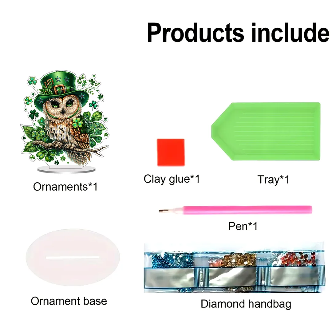 2D Flat DIY St Patricks Day Owl Diamond Painting Tabletop Ornaments Kit Special Shape Crystal Art Craft Decoration Single Side Drill for Living Room Home Office