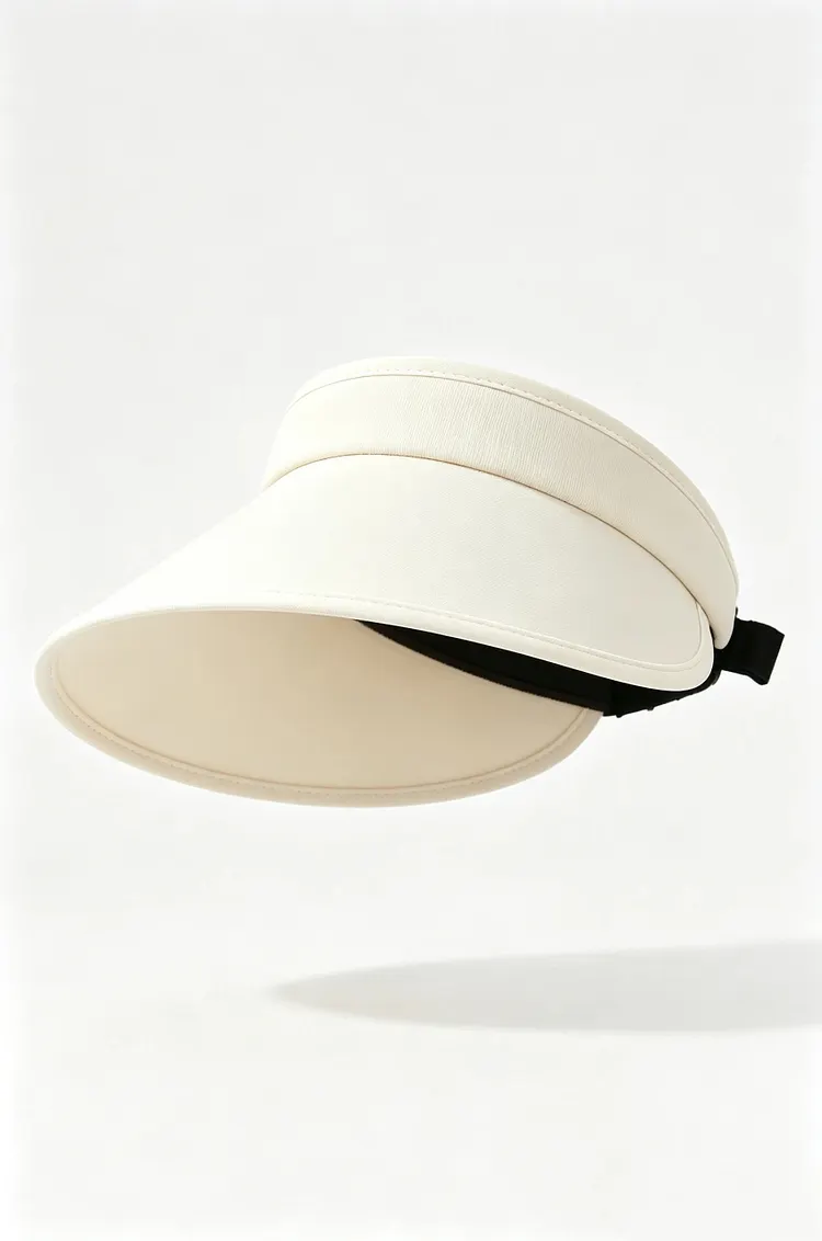 Off-white wide-brim open-top hat with black trim and an adjustable strap.