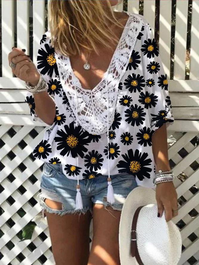 Retro holiday casual loose little daisy V-neck top