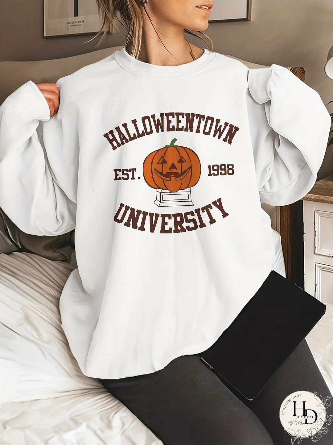 Casual Halloween Pumpkin Print Long Sleeve Crew Neck Hoodie