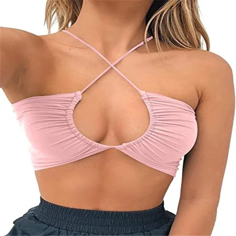 Tank Top Off Shoulder Hollow Out Cross Halter Crop Tops Women Casual Sleeveless Cropped Vest Camisole Tube Top Female