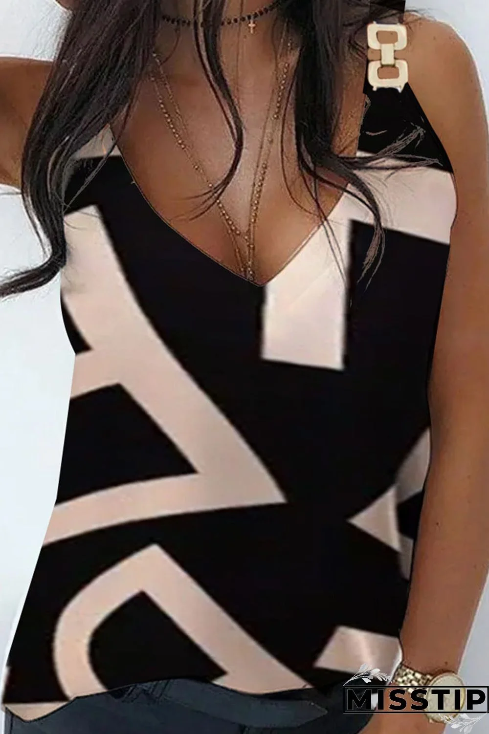 Khaki Casual Street Print Patchwork Metal Accessories Decoration V Neck Tops