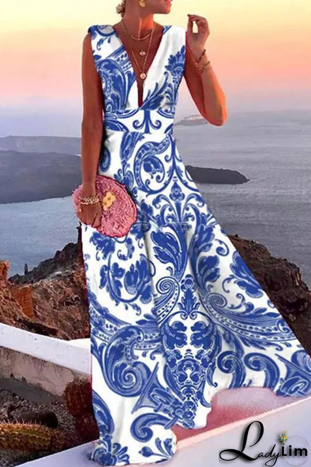 Red Stripe Fashion Print Patchwork V Neck Straight Dresses