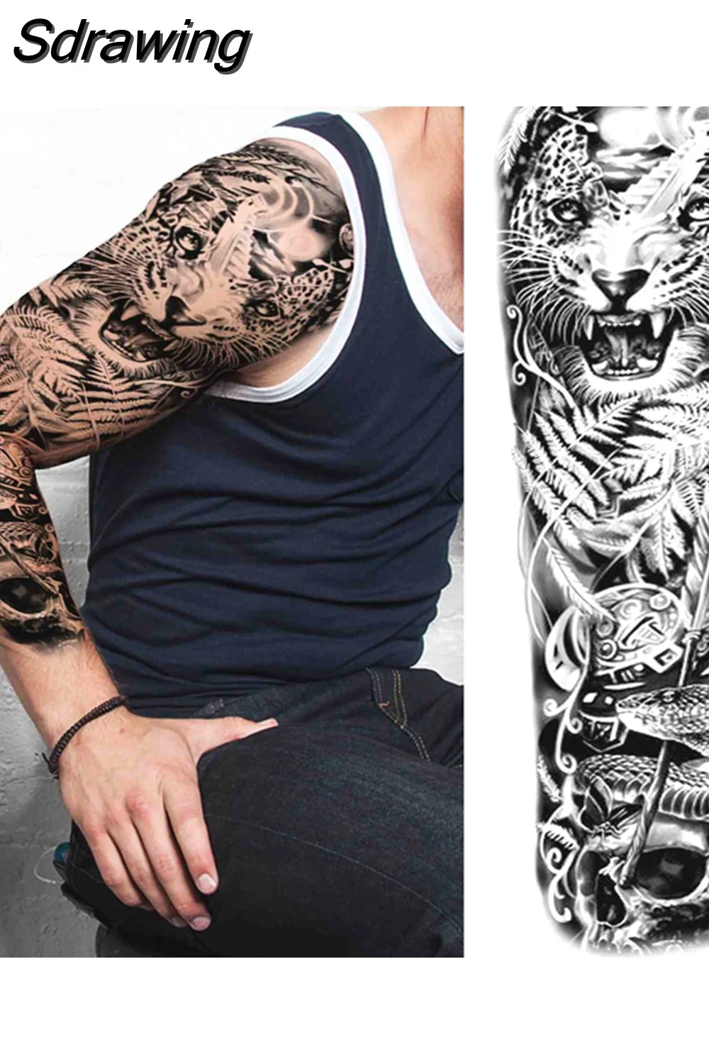 Sdrawing Arm Temporary Tattoos Sleeve For Men Women Realistic Fake Tatoos Warrior Lion Tiger Flower Tatoo Sticker Black Totem Maori 507-1