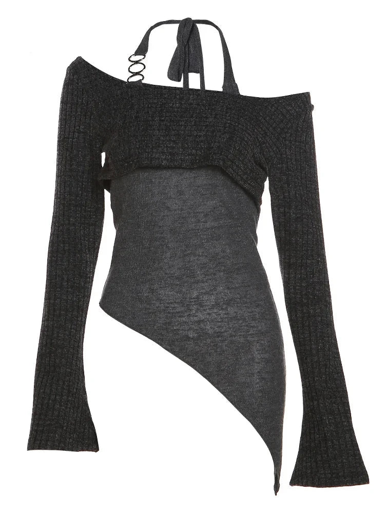 Intellectual Elegant Simple Solid Color Fake Two Pieces Casual Knitted Elastic Breathable Women's Long Top LANFUBEISI
