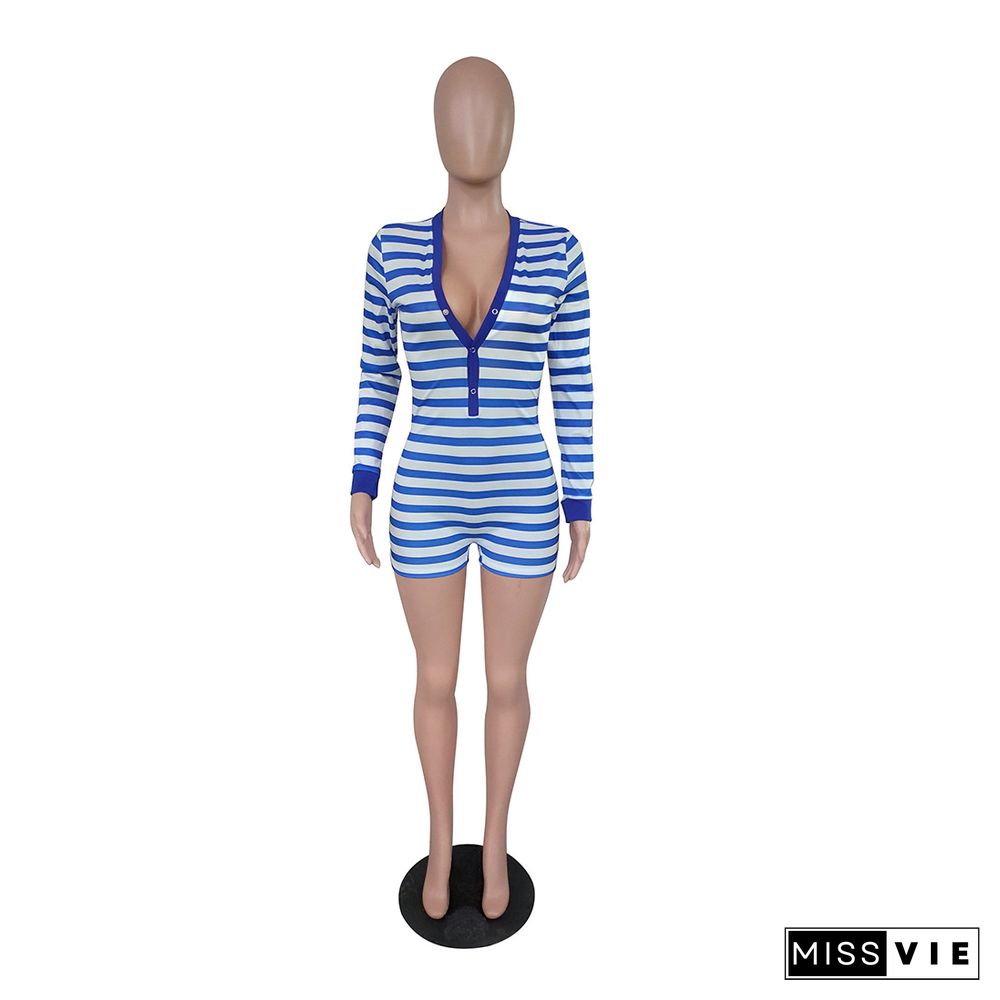 Christmas Striped Print V Neck Full Sleeve Skinny Rompers