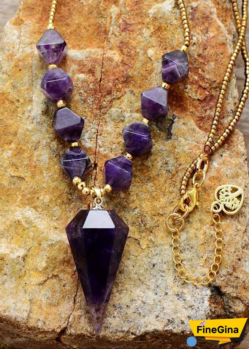 Boho Necklace, Amethysts Hexagonal Cone Pendant Necklace