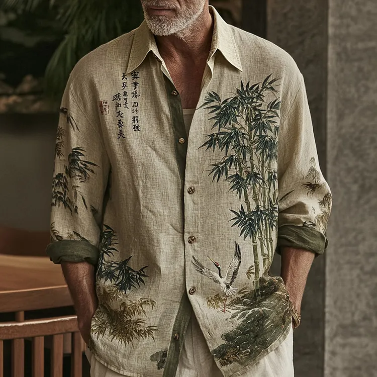 Men's Retro Japanese Style Bamboo And Crane Print Casual Cotton Linen Long-sleeved Shirt