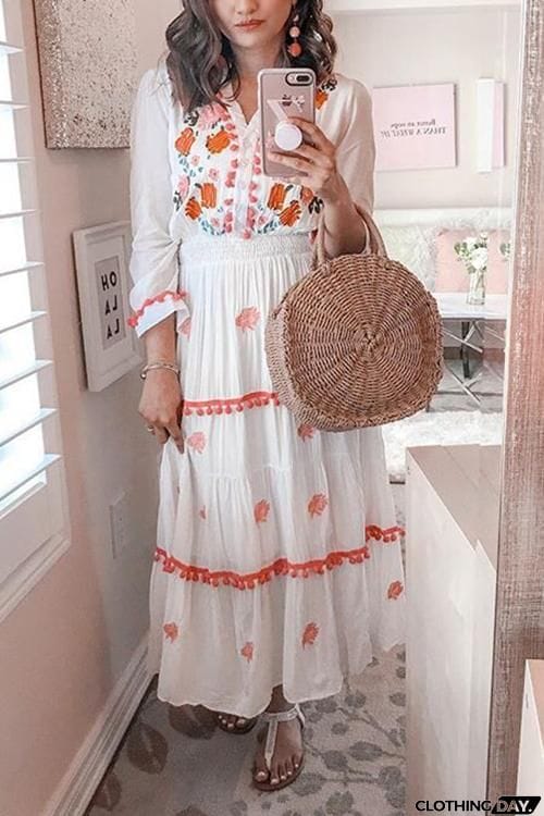 Embroidery Pom Pom Maxi Dress