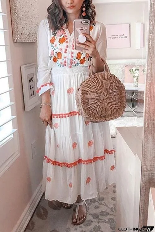 Embroidery Pom Pom Maxi Dress