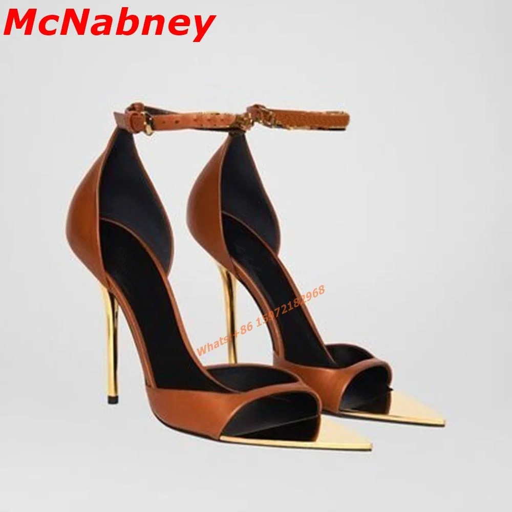 Sexy New Pointy Toe Gold Sandals Metal Stiletto Heels Hollow Ankle Straps Buckles Sandal Women Shoes Solid Summer Runway Banquet