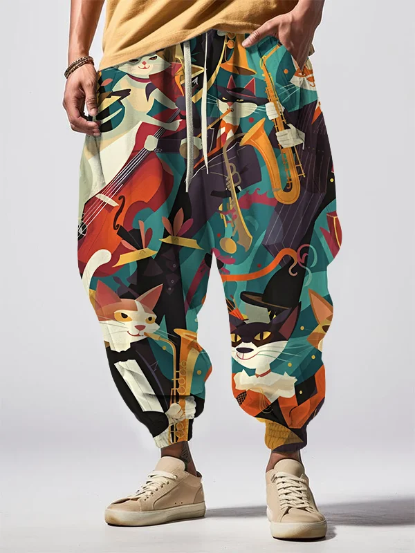 Men's Cat Jazz Art Print Loose Drawstring Waist Sweatpants