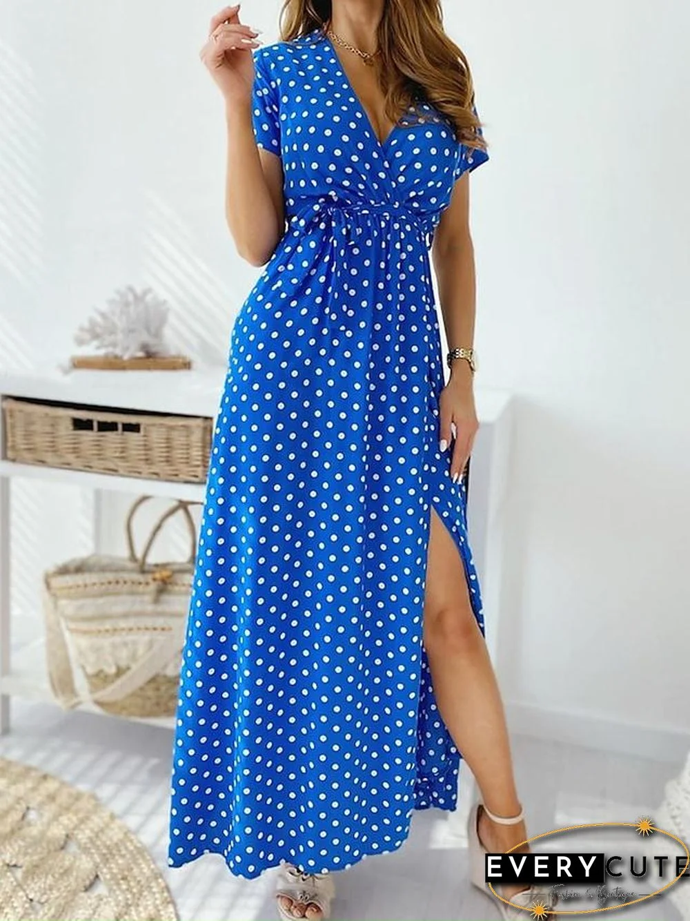 Women's Chiffon Dress Maxi Long Dress Short Sleeve Polka Dot Summer V Neck Sexy Boho