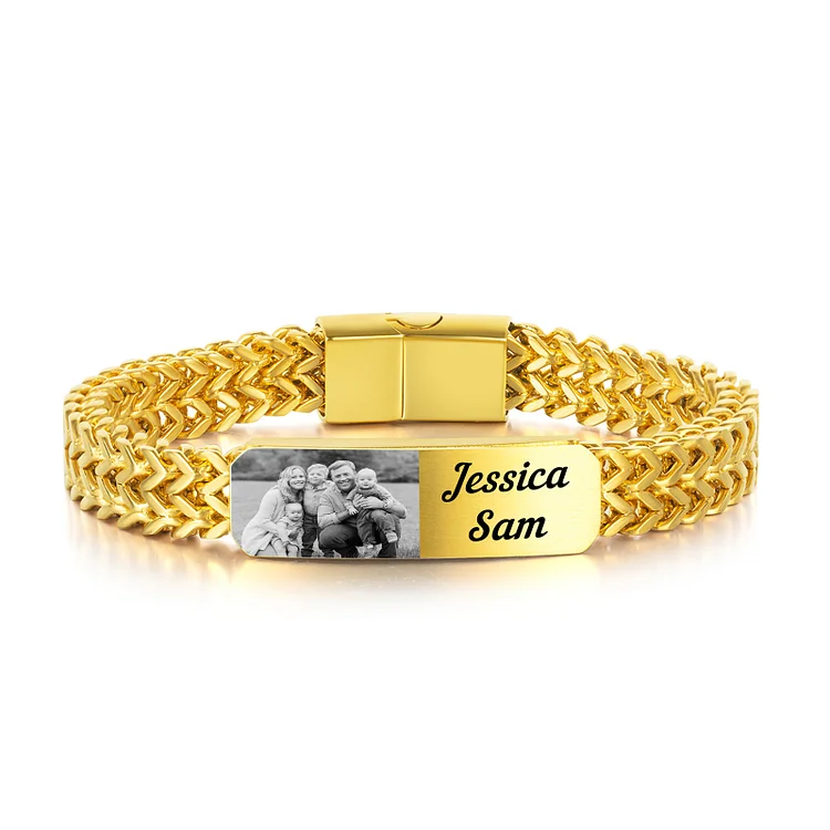 Personalized Photo Bracelet in Gold Fishbone Chain ID Bar Bracelet for Him