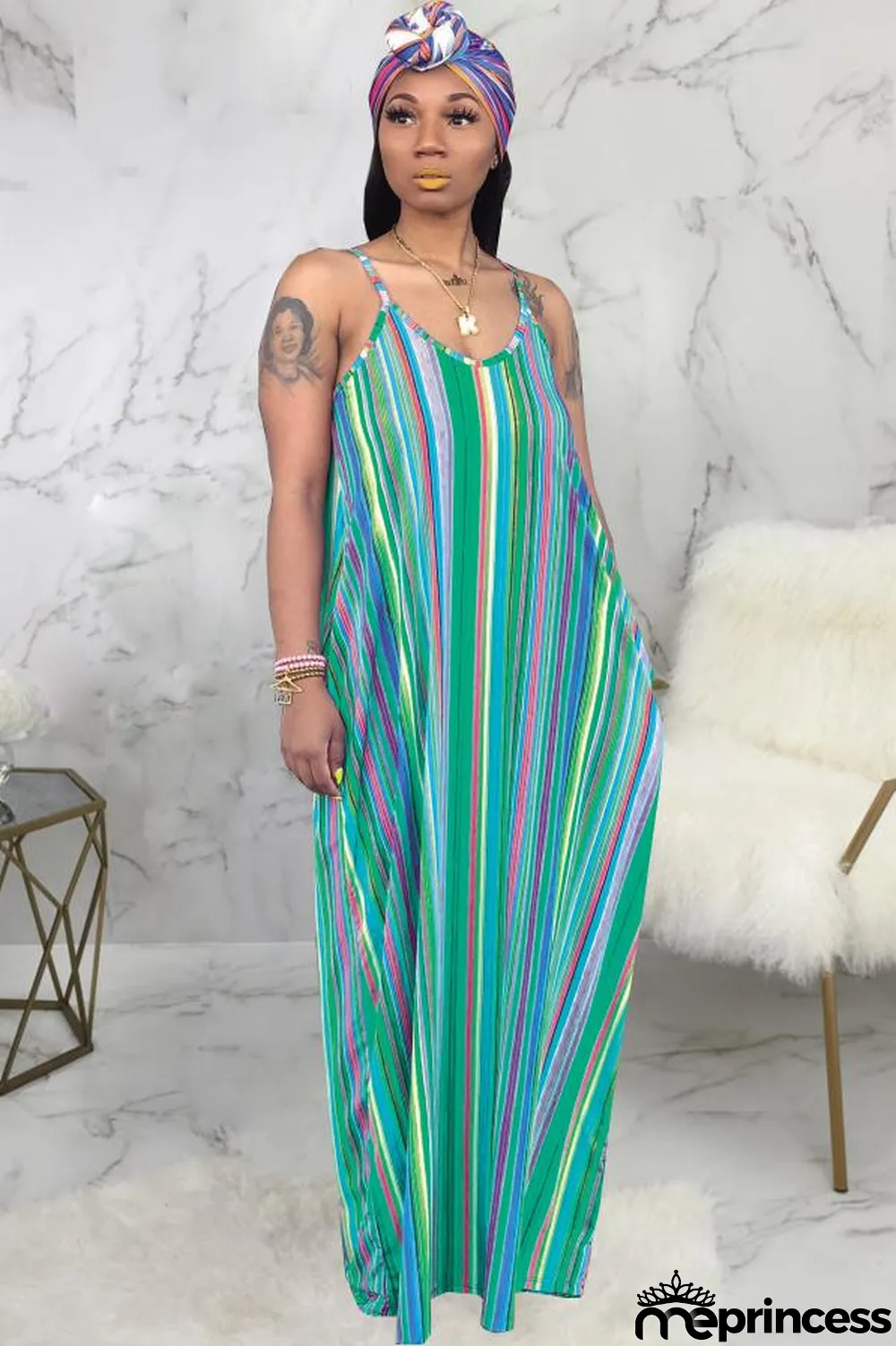 Green Polyester Sexy Fashion Tank Sleeveless Slip A-Line Floor-Length Print asymmetrical Striped Patchwork