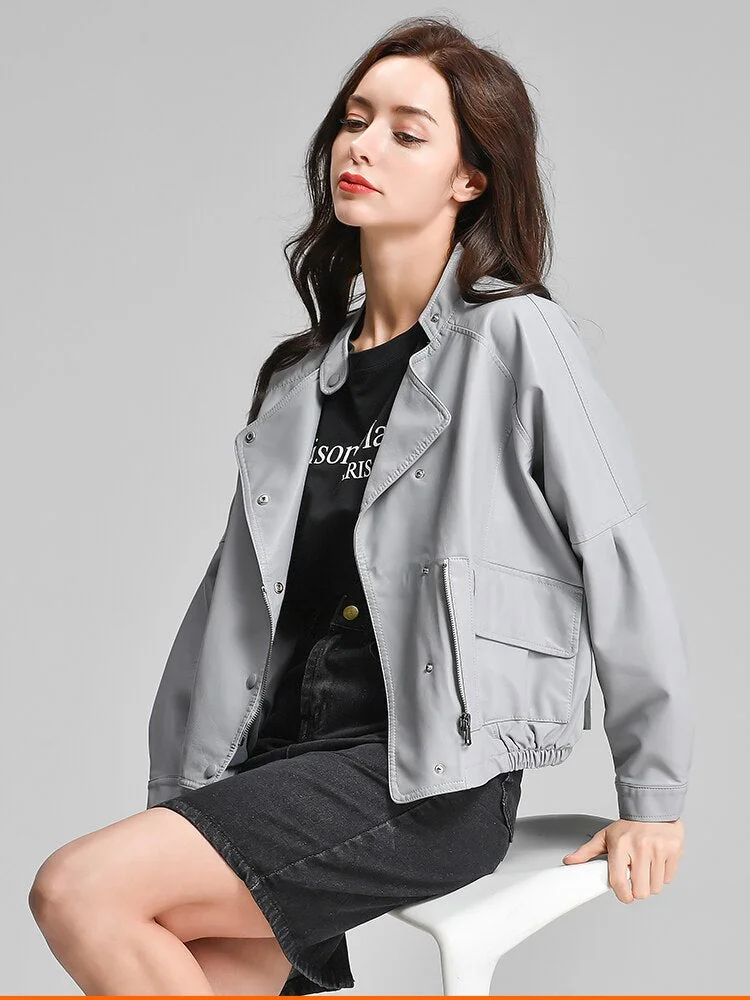 FTLZZ Harajuku Faux Leather Jacket Women Batwing Sleeve Pocket Black Biker Coat Female Spring Autumn Pink Basic Outwear