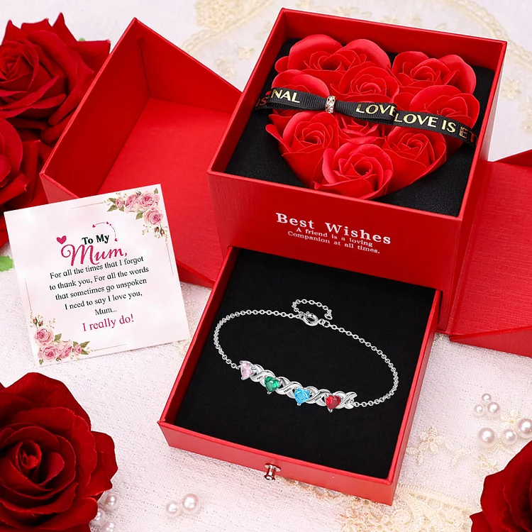 Family Custom Bracelet Heart Personalised with 4 Birthstones Gift Box Set