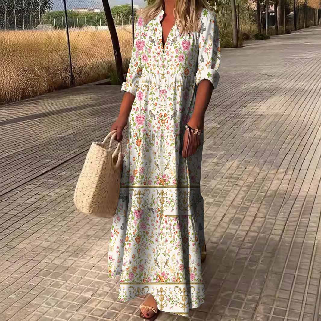 Women Floral, Pink, Green DZDN0181 SPU Printed Long Sleeve V-neck Maxi Dress