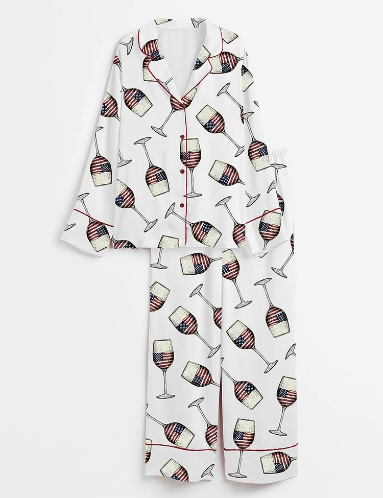 Women&rsquo;s American Flag 4th Of July USA Wine Print Long Sleeve Satin Pajama Set