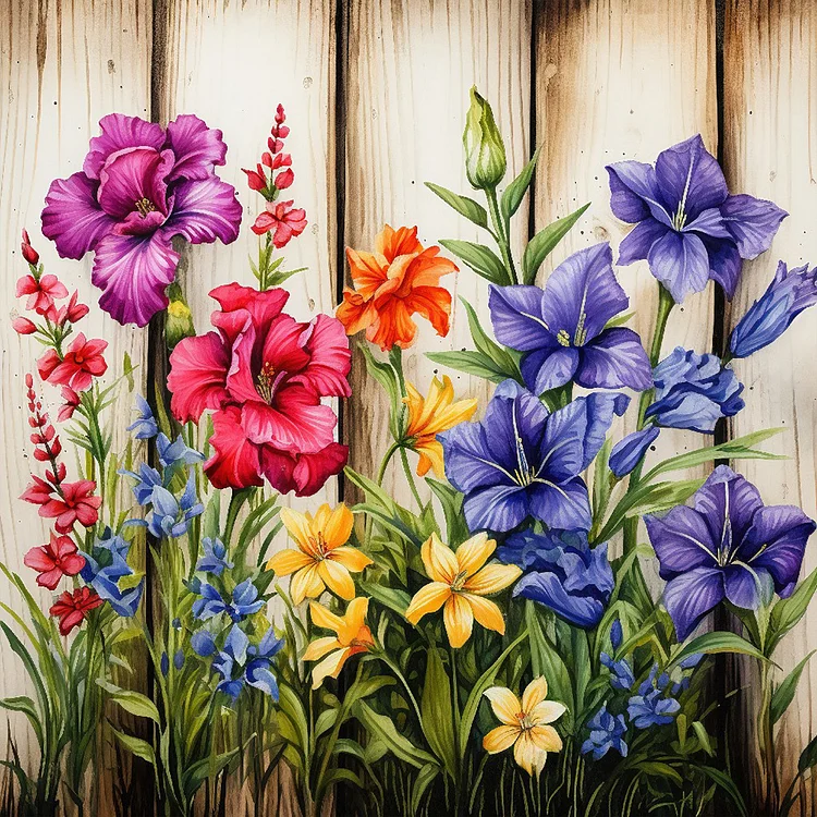 Full Round Drill Diamond Painting - Flowers On Wooden Fence - 40*40cm