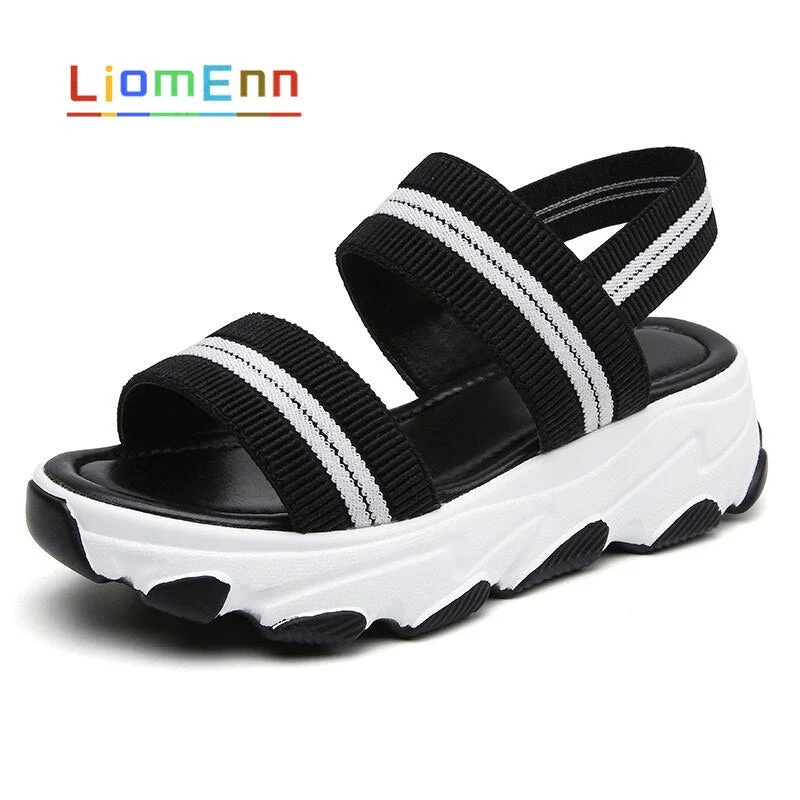 Women's Chunky Sandals 2021 Summer Black Pink Thick Heels Sandals Elastic Fabric Platform Sandals Female Sport Shoes Designer