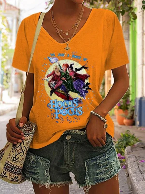 V Neck Women Witch Pattern Letter T-Shirt