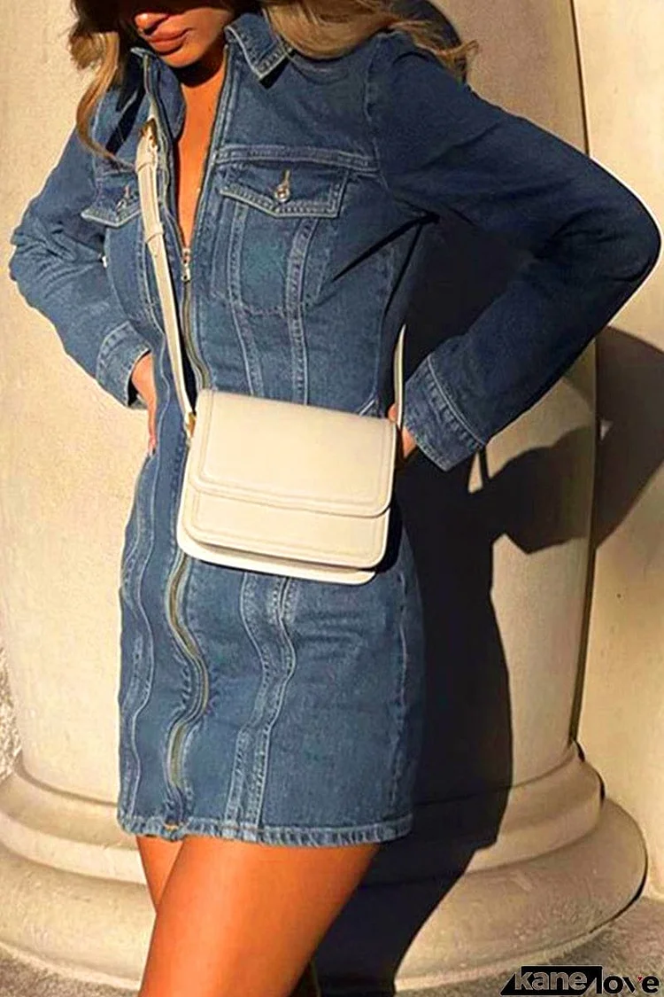 Casual Street Solid Zipper Turndown Collar Long Sleeve Regular Denim Dresses