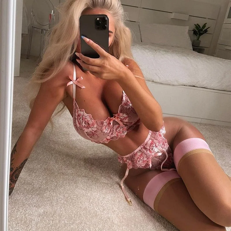 Yimunancy 3-Pieces Floral Sexy Lingerie Underwear Set Underwire Sensual Lingerie Woman Set Sexy Underwear Sexy Underwear