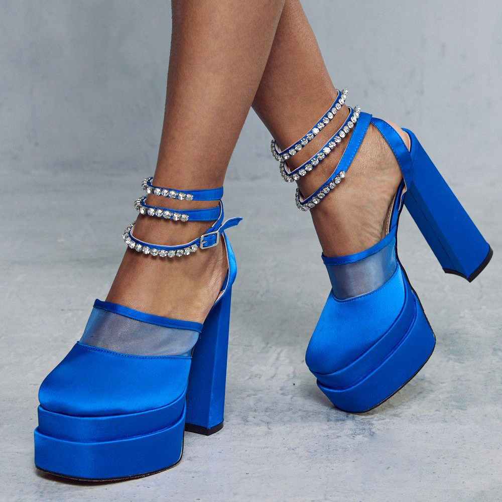 Satin Square Toe Chunky Heel Slingback Pumps with Platform Nicepairs