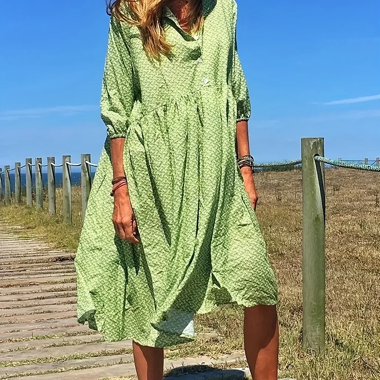 Plus Size Casual Dress, Women's Plus Stripe Print Half Sleeve Button Up Mock Neck Slight Stretch Loose Fit Dress