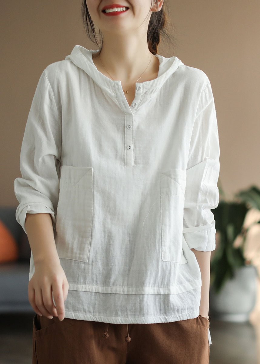Beautiful White Pocket Hooded Cotton Top Long Sleeve CK238- Fabulory